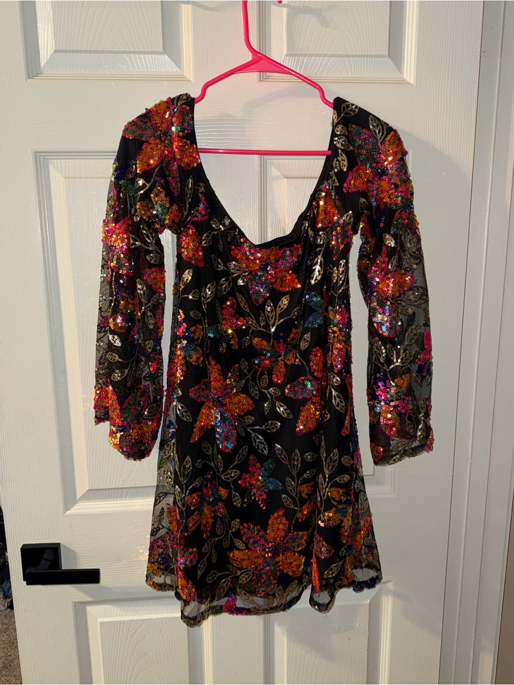 Black Long-Sleeve Sequin Floral Mini Dress
